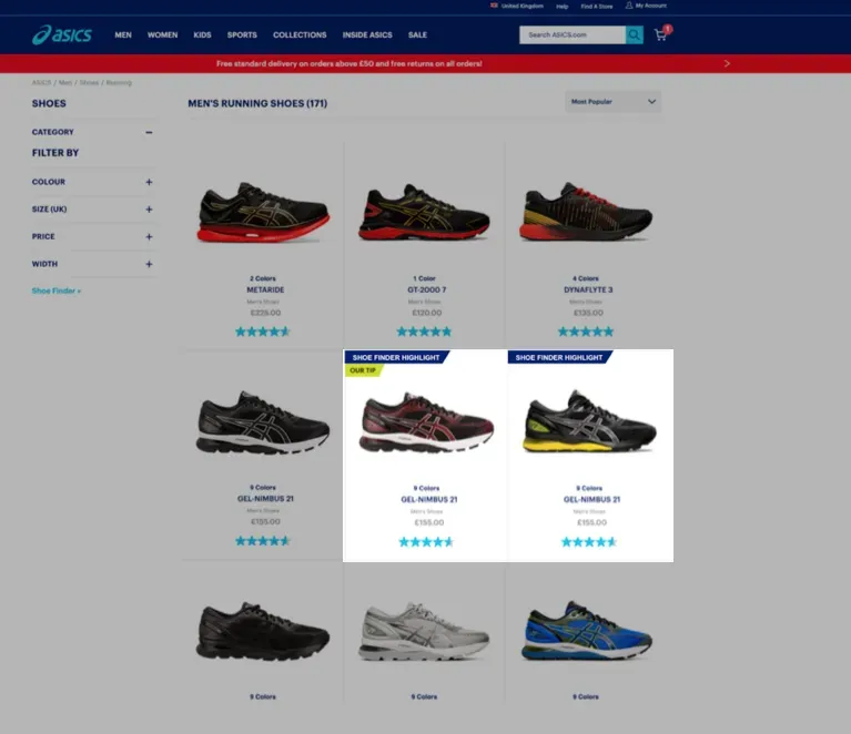 asics case study-shoe finder highlight product badge on PLP