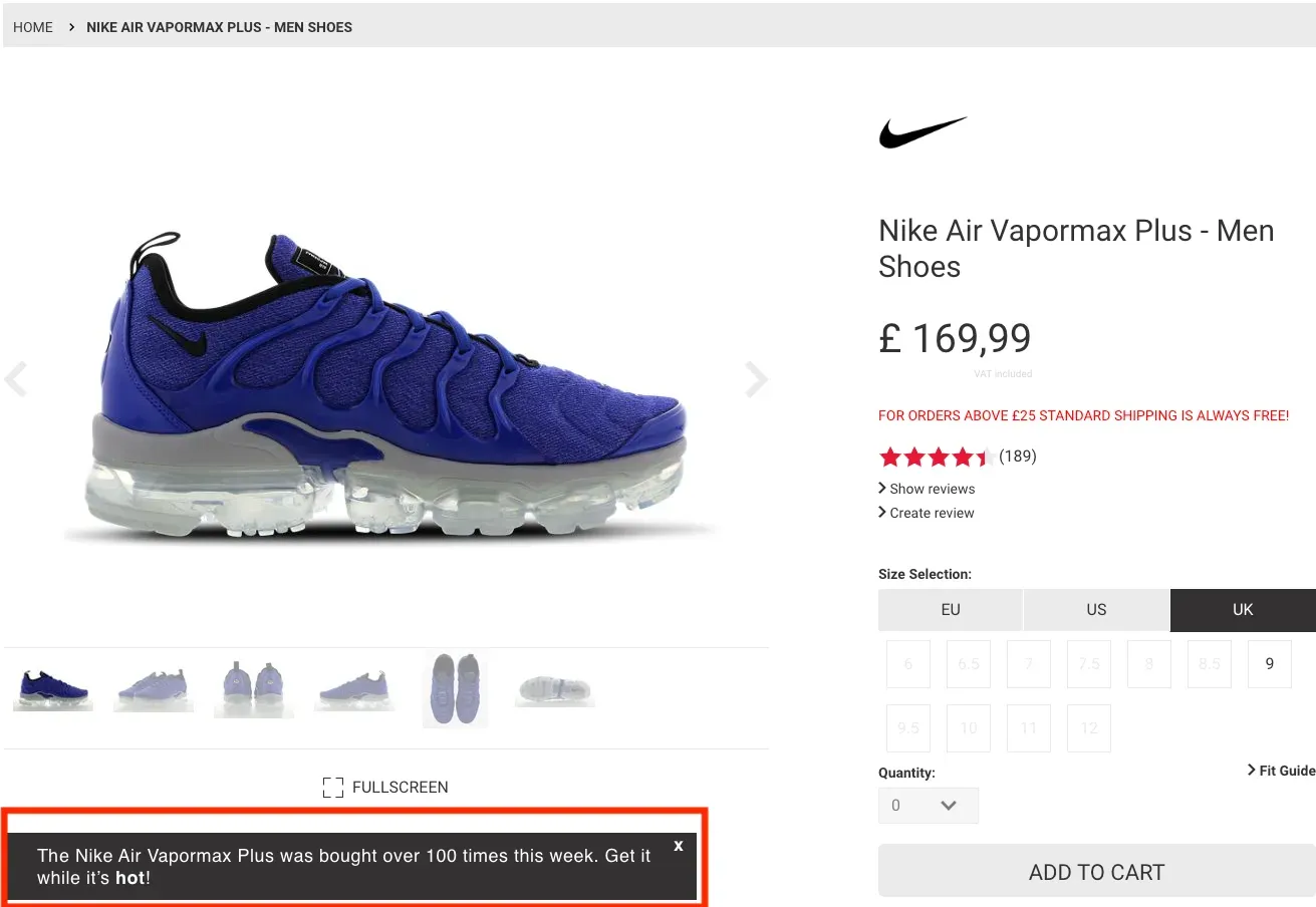 ecommerce product badging notifications on the PDP
